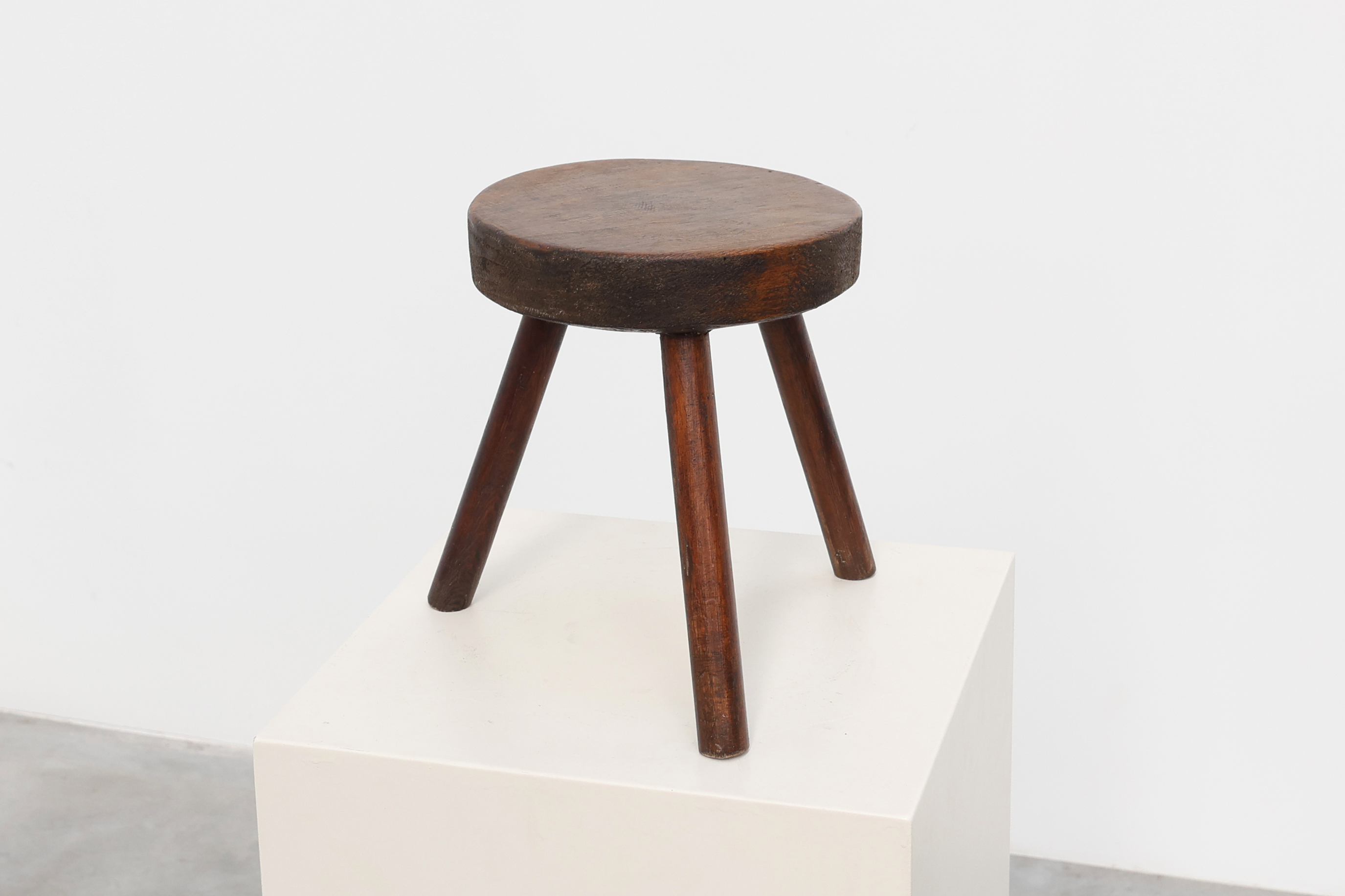 Rustic oak wooden tripod stool, France, ca. 1900thumbnail